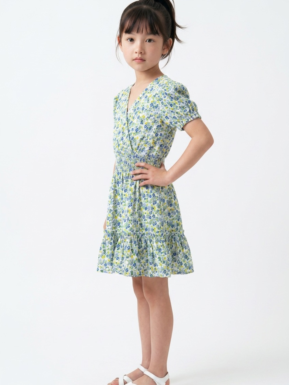 Polo Ralph Lauren Girls' Floral Faux Wrap Dress cotton jersey in Blue and Green